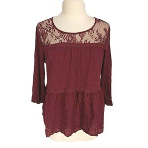 Violets & Roses Womens Tunic Top Size L Burgundy 3/4 Sleeve Crew Neck  259A